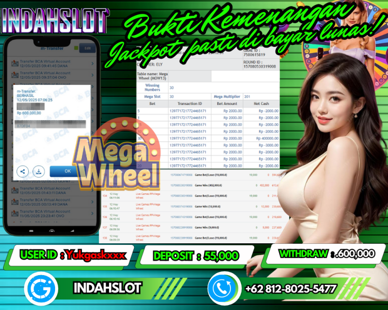 INDAHSLOT JACKPOT MEGA WHEEL Rp.600,000,- LUNAS!!